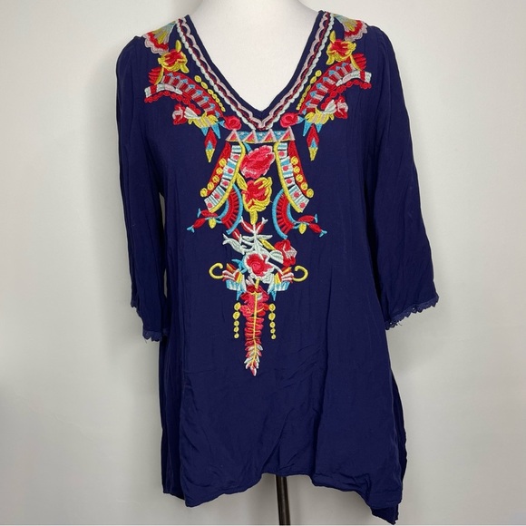 SOLITAIRE Blue Flare Sleeve Floral Embroidered Tunic Top V Neck Tie Back Size M - Picture 1 of 13
